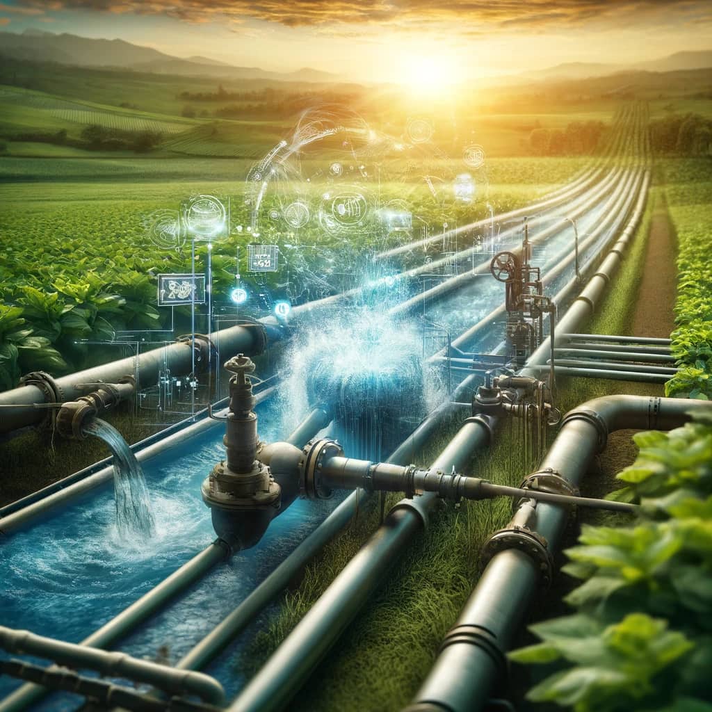DALL·E 2024-05-20 14.39.53 - A dynamic image showcasing pumps and pipes distributing water across a field, emphasizing efficiency and technology. The scene should depict a rural s.webp