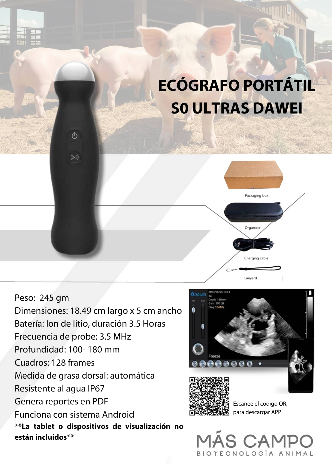 Ecógrafo DAWEI S0 | Ultrasonido Portátil para Porcinos y Ovinos