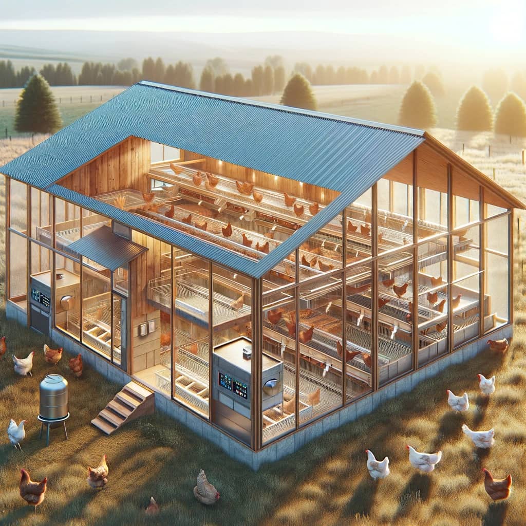 DALL·E 2024-05-20 18.36.44 - Photorealistic image of modern chicken coops (galpones) in a rural setting. The scene should depict spacious, well-ventilated chicken coops with ample.webp