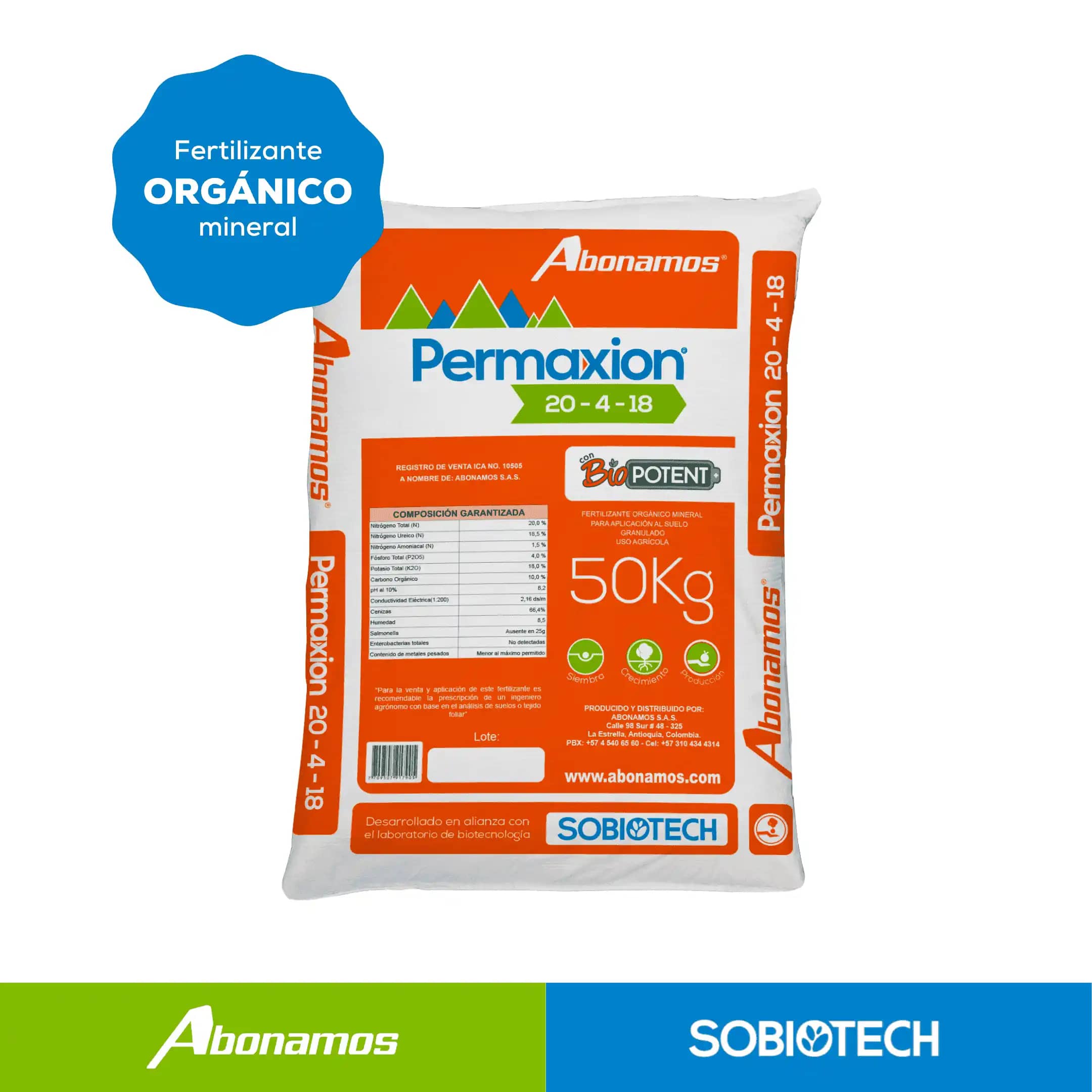 Fertilizante Mineral Orgánico Permaxion 20-4-18 x 50 kg