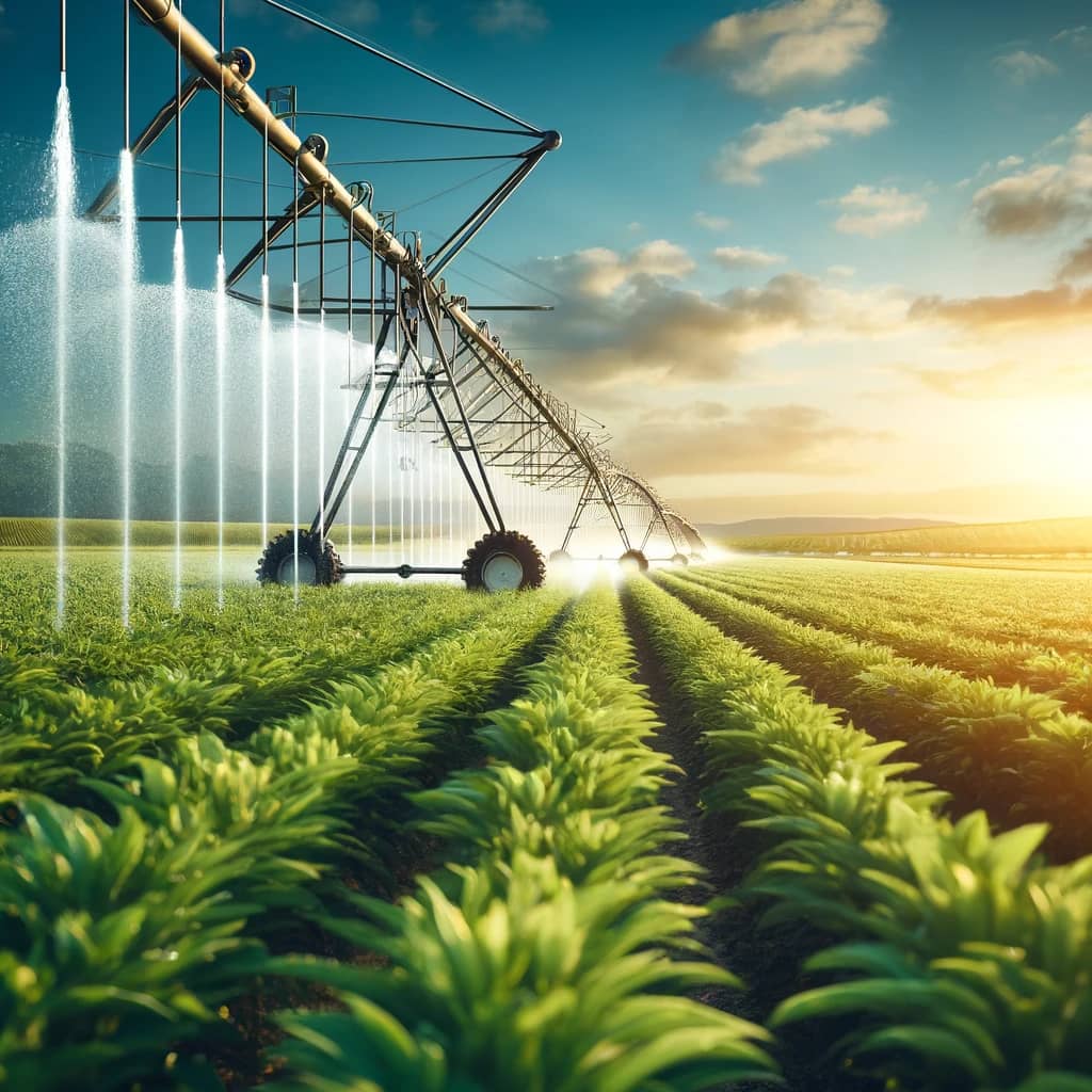 DALL·E 2024-05-17 17.28.25 - A professional image showing a modern agricultural field with an efficient irrigation system in operation, emphasizing the technology and water effici.webp