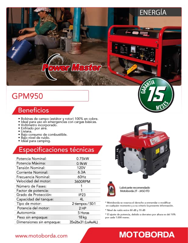 Generador eléctrico a Gasolina Power Master 0.9 KW