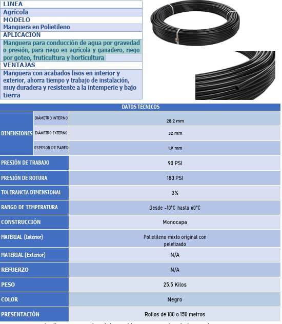 Manguera Polietileno Cal 40 x 1" x 100m