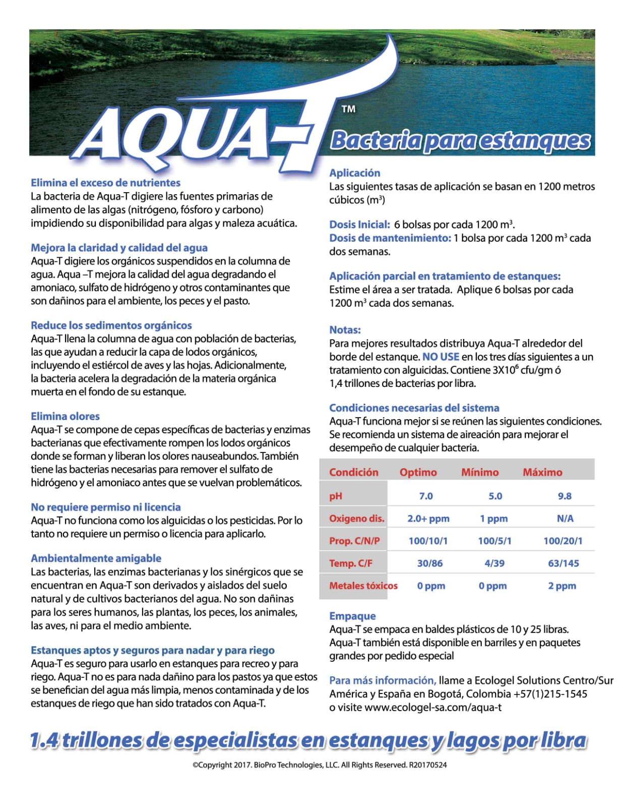 Aqua-T, Tratamiento biológico para estanques, lagos y lagunas. Balde x 20 bolsas (10 libras)