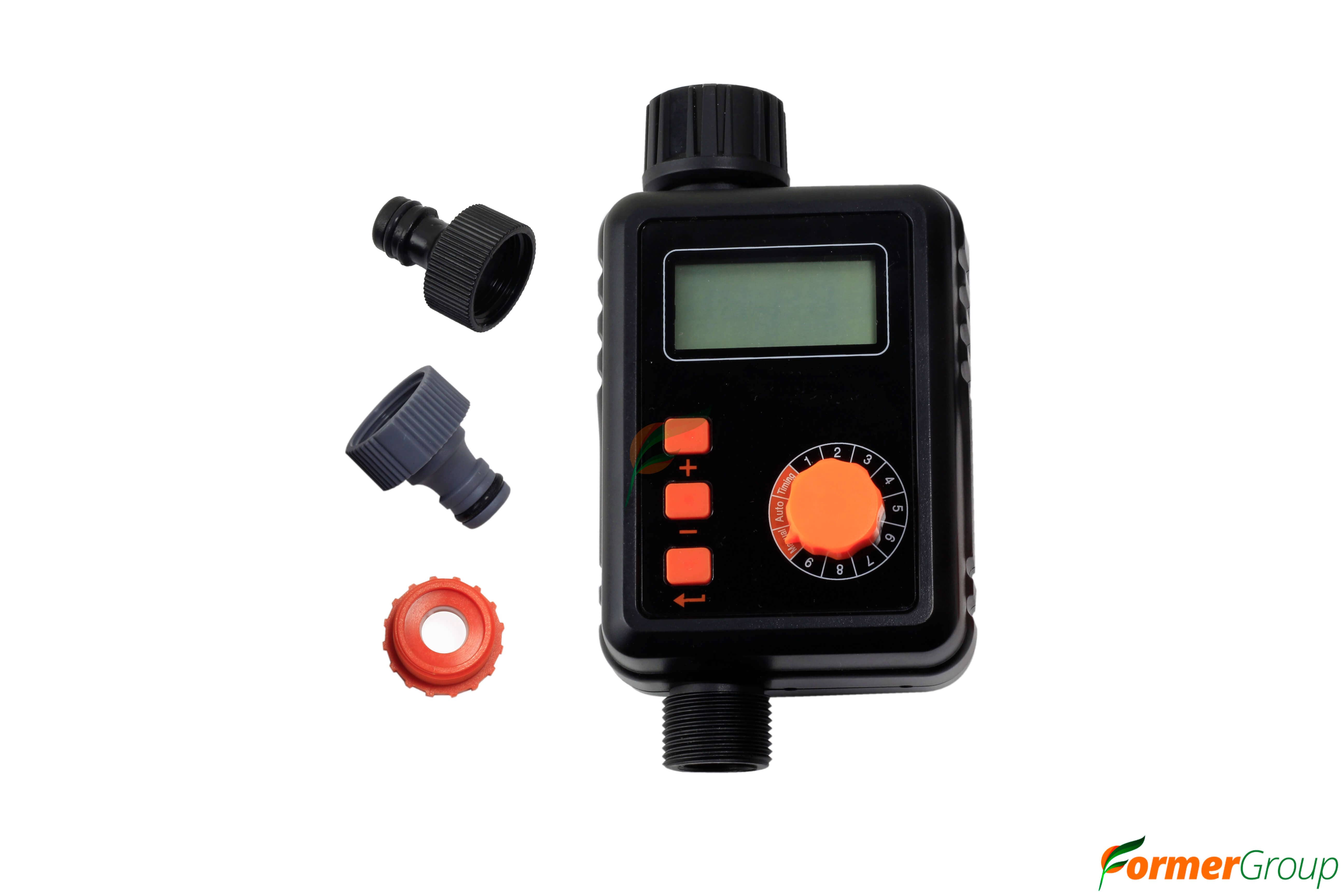 Temporizador controlador de riego programable para jardines y cultivos. Ahorra agua, fácil de instalar y compatible con sistemas de riego automático.
