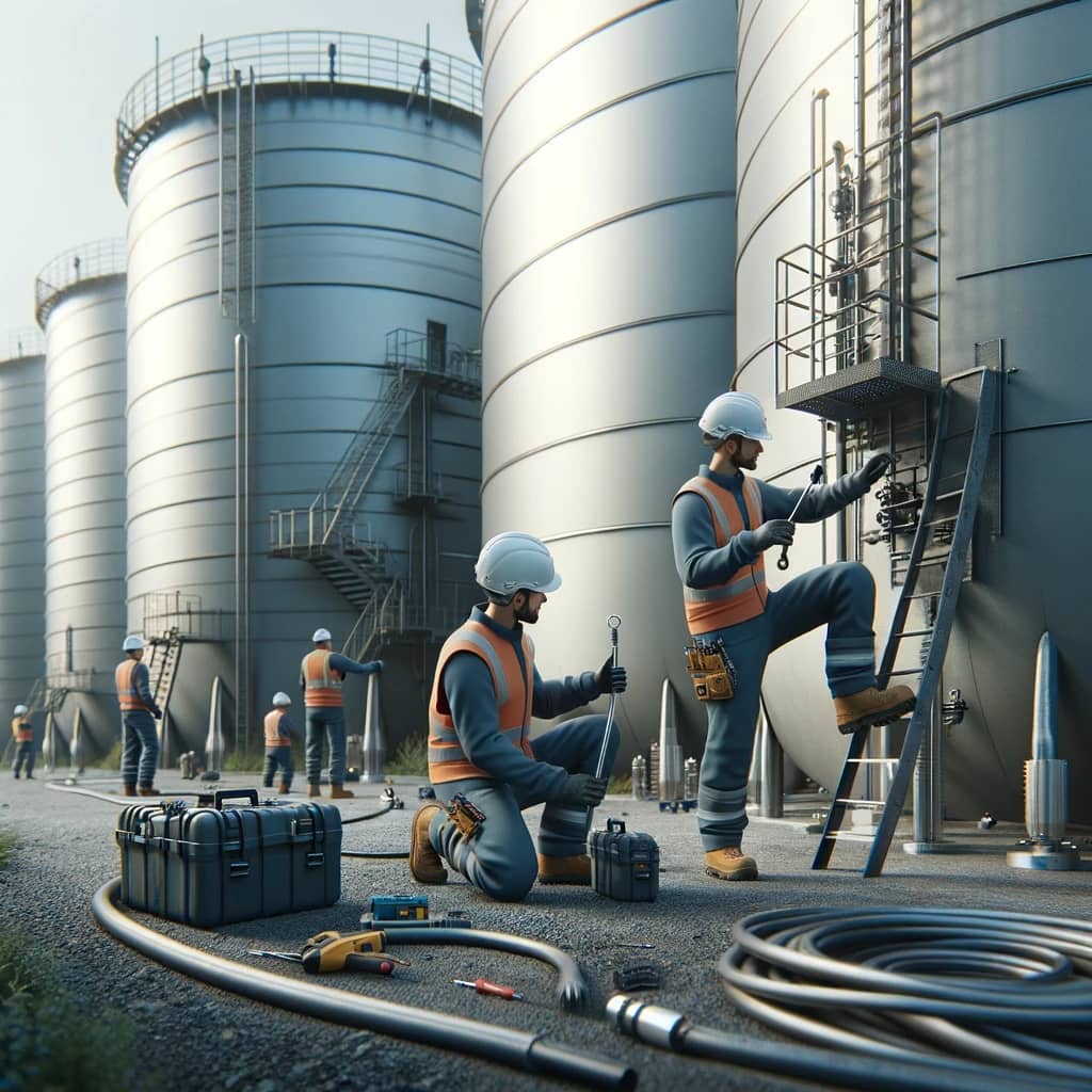 DALL·E 2024-05-20 15.19.17 - Photorealistic image of two technicians working on the maintenance of large agricultural water storage tanks. The technicians, dressed in standard saf.webp