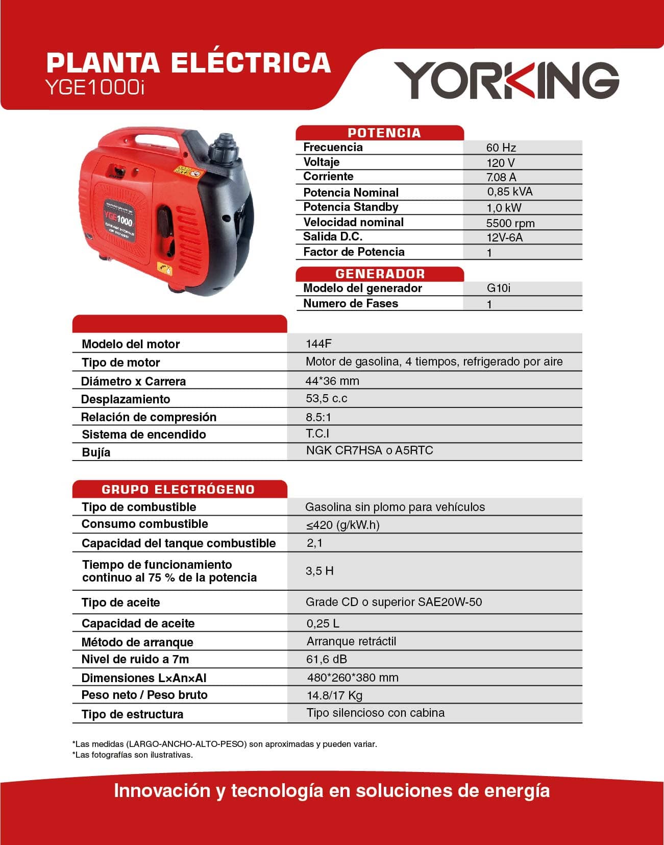 Generador Yorking 0.85KW | Inverter compacto y silencioso