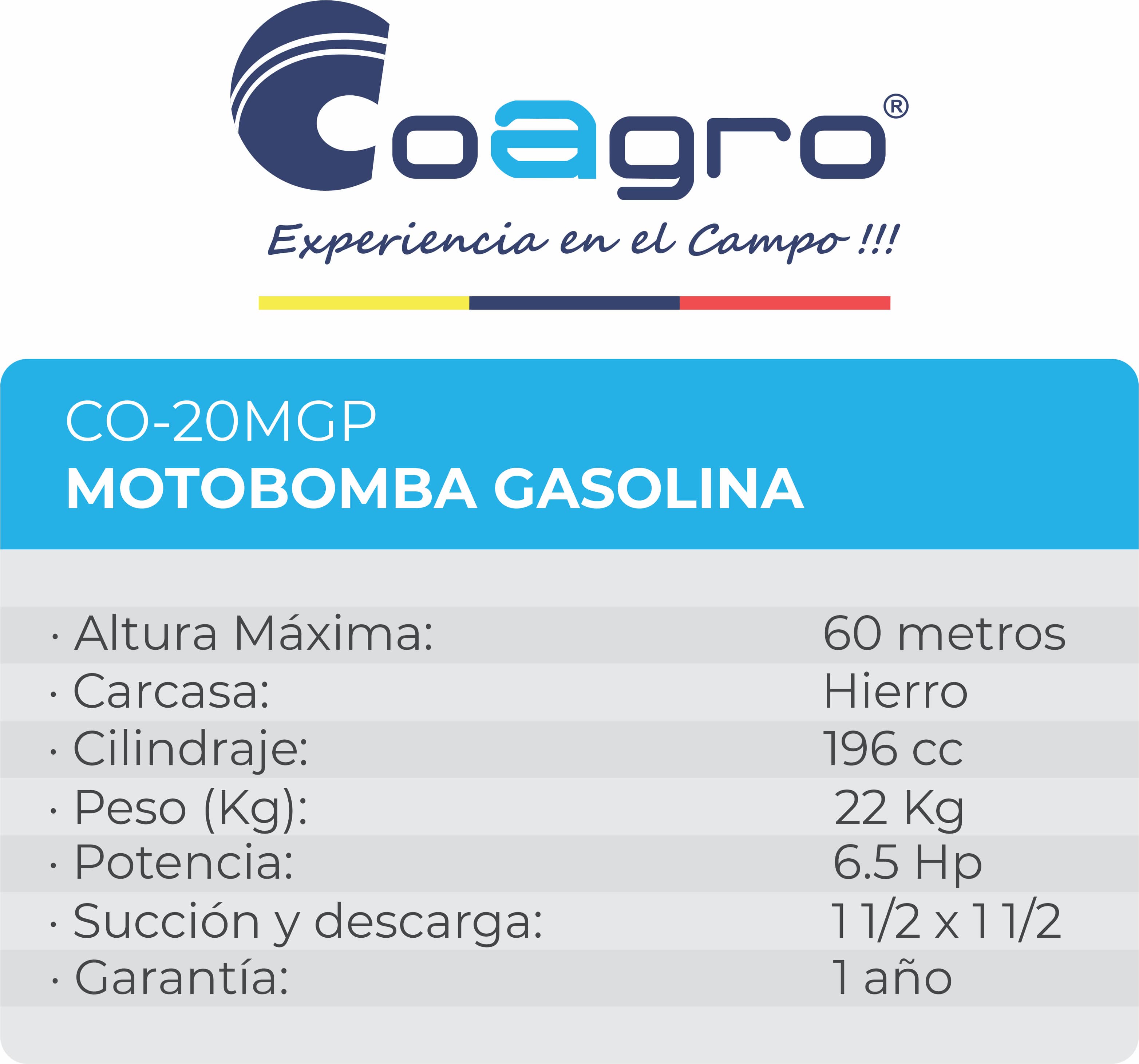 Motobomba a Gasolina 6.5HP 2" Pulgadas con Marco