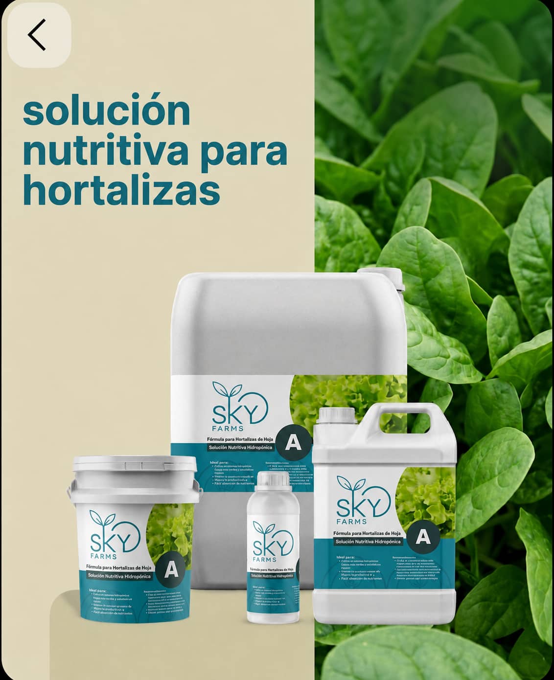 Solución Nutritiva Hidroponía A, B y C 1:1:1 para hortalizas de hoja