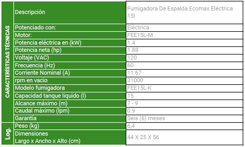 Fumigadora de Espalda a eléctrica Ecomax FEE15L