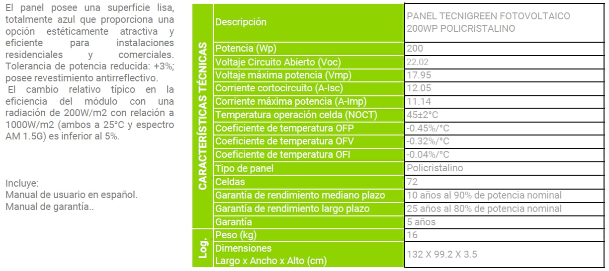 Panel Solar Tecnigreen De 200w Policristalino 72 Celdas