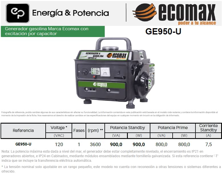 Generador Planta Eléctrica de 900 W GE950-U - Ecomax