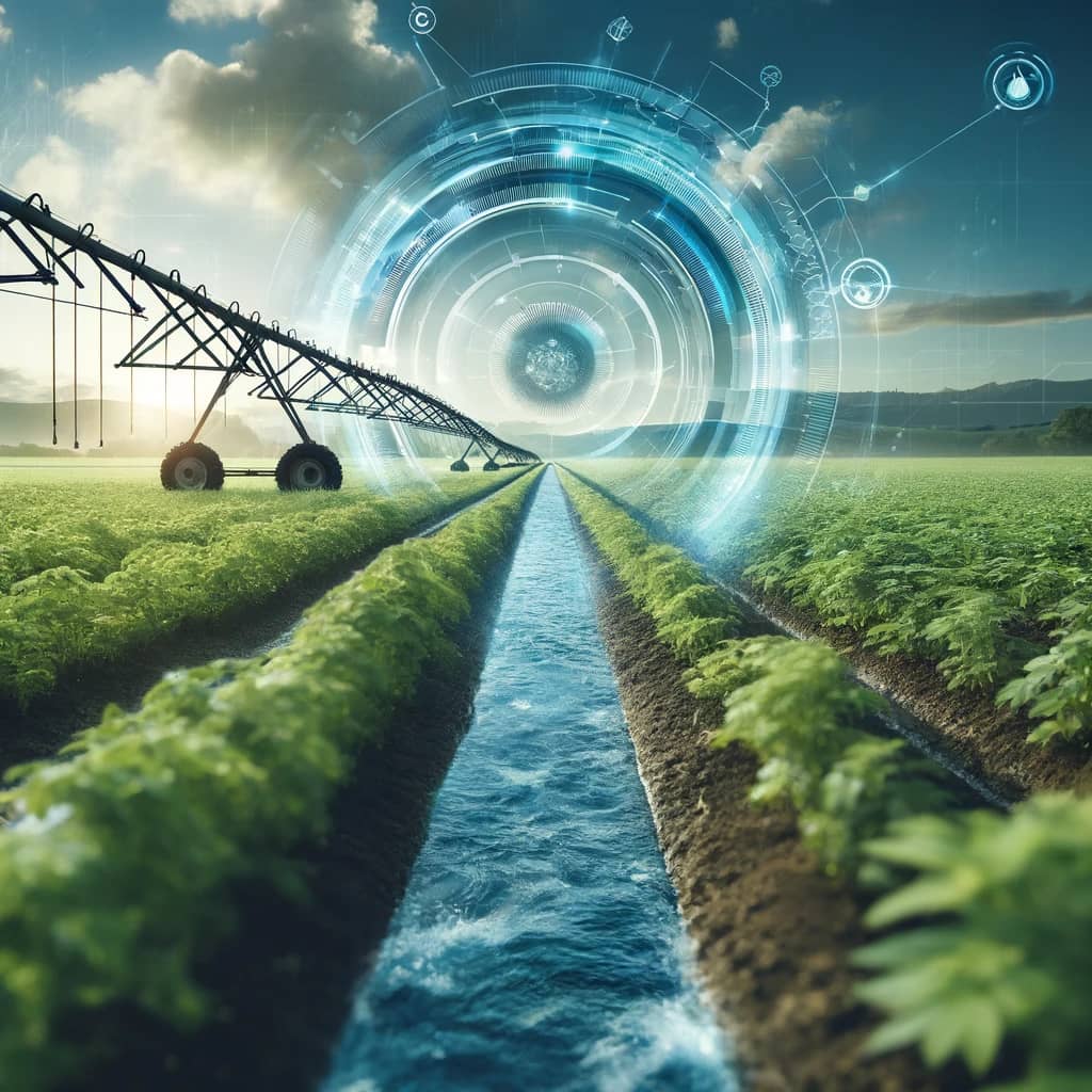 DALL·E 2024-05-17 17.25.13 - A professional image showing a modern agricultural field with an efficient irrigation system in operation, highlighting the technology and efficient w.webp