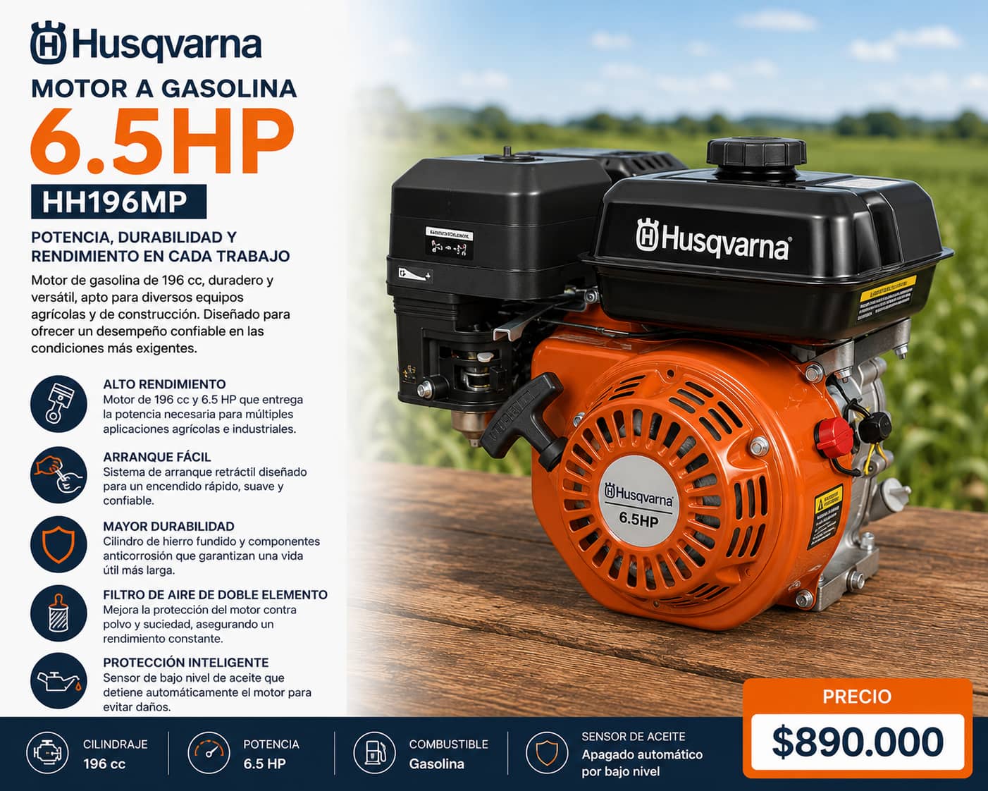 Motor a Gasolina Husqvarna HH196MP 6.5HP - 196cc para maquinaria agrícola y