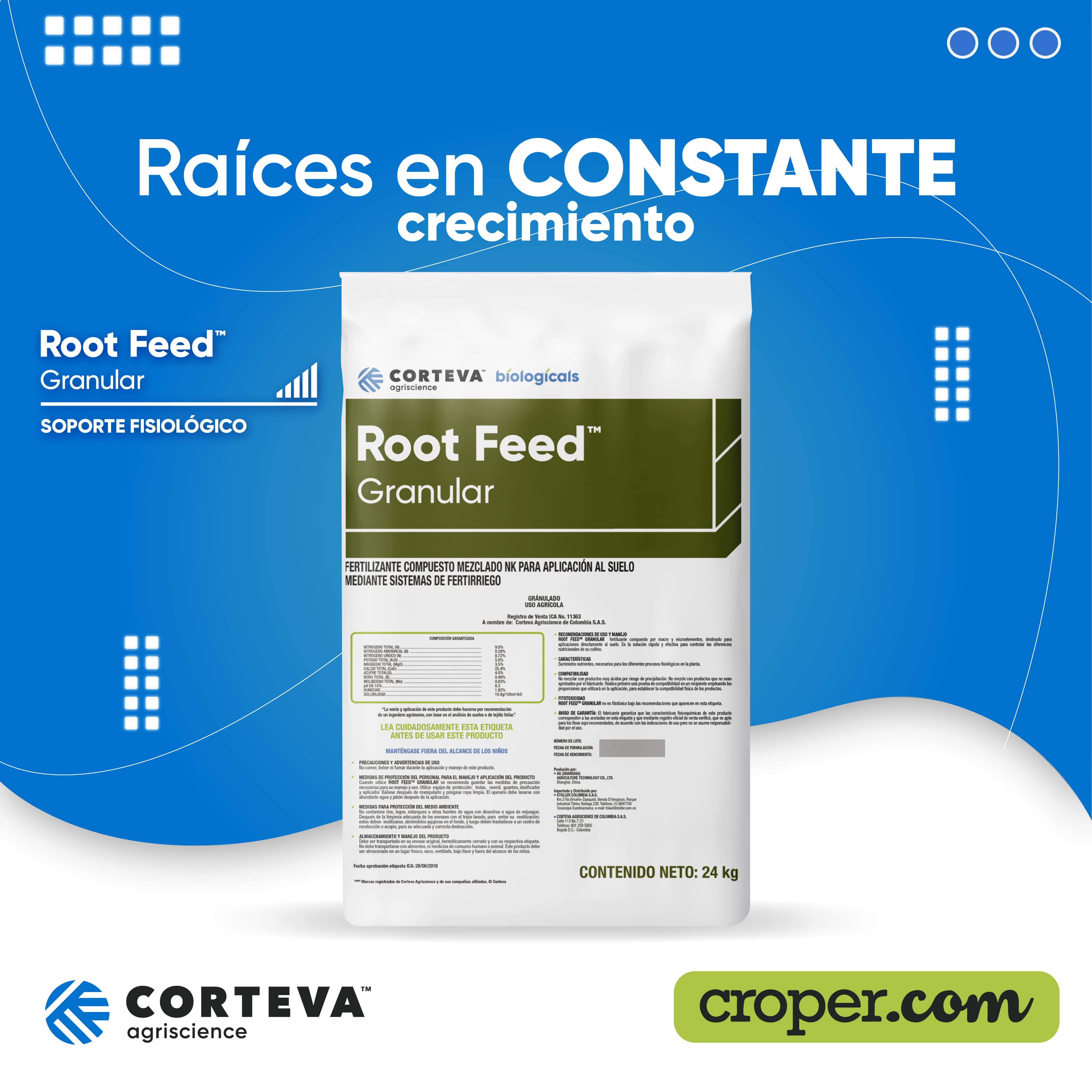 Fertilizante ROOTFEED GR 25 kg: desarrollo radicular y nutrición del suelo