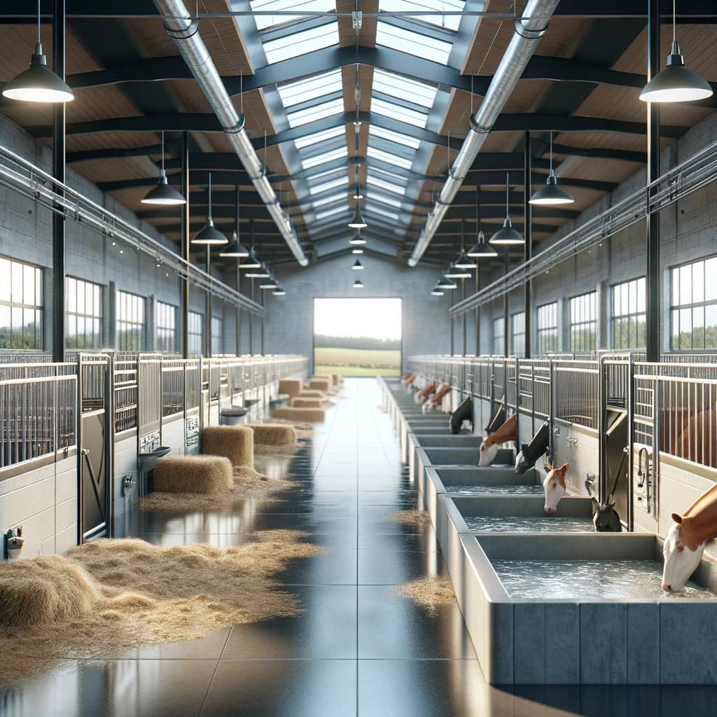 DALL·E 2024-05-20 15.21.01 - Photorealistic image of modern animal care facilities in a rural setting. The scene should depict clean, well-organized stables or barns for livestock (1).webp