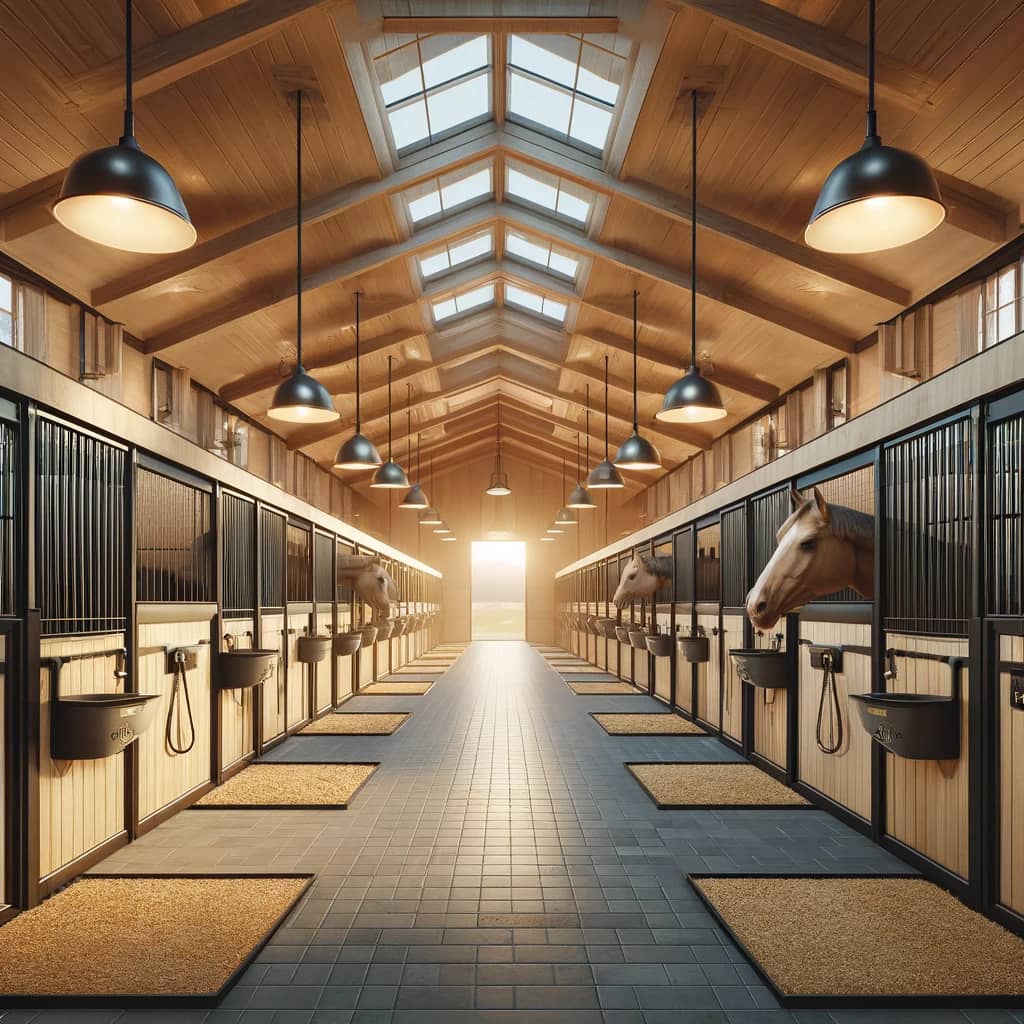 DALL·E 2024-05-20 18.43.26 - Highly realistic image of luxurious horse stables, designed with modern amenities. The scene should show the interior of the stables, with individual .webp