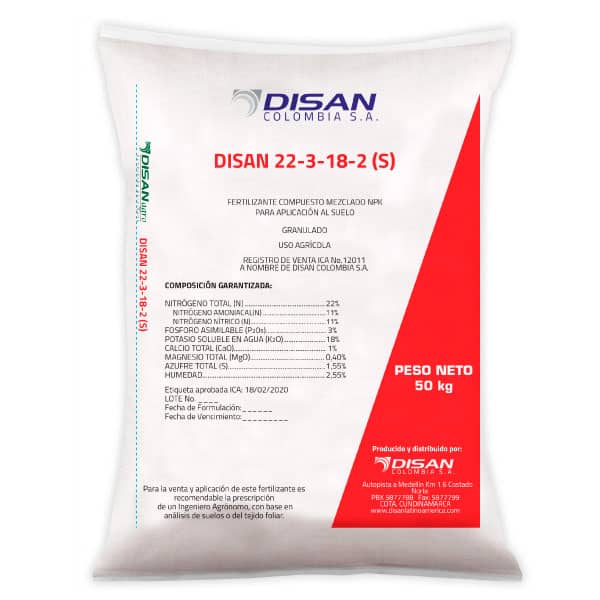Fertilizante Disan 22-3-18-2S 50Kg | K para Café