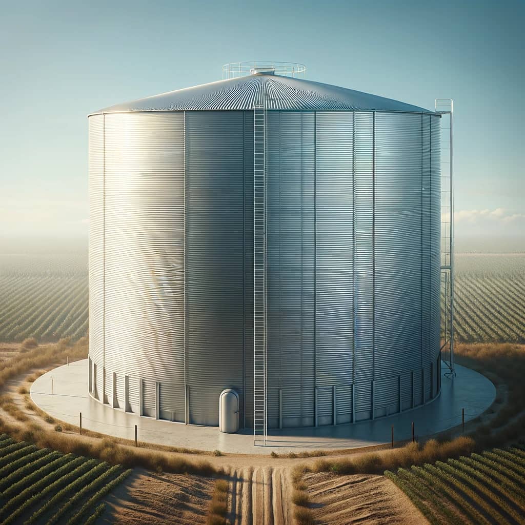 DALL·E 2024-05-17 17.40.05 - A realistic professional image showing a large circular water storage tank similar to the example provided. The tank is constructed of corrugated meta.webp