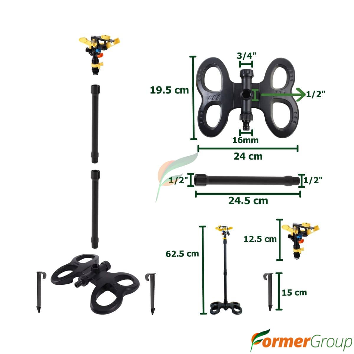 Aspersor de riego 360° con extensión y base estable