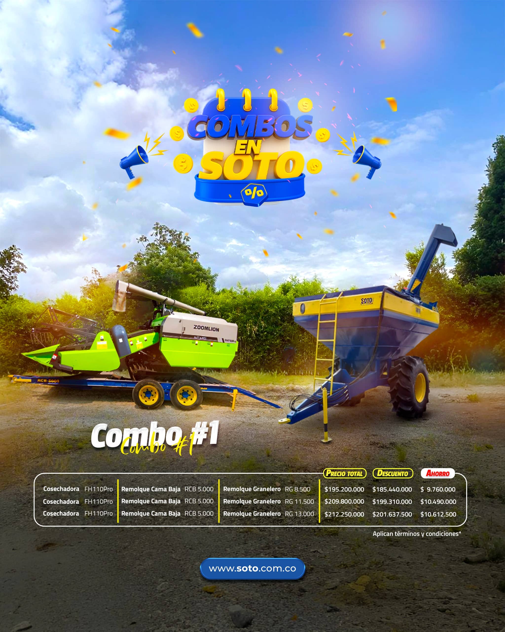 Combo Cosechadora + Remolque cama baja + Remolque granelero