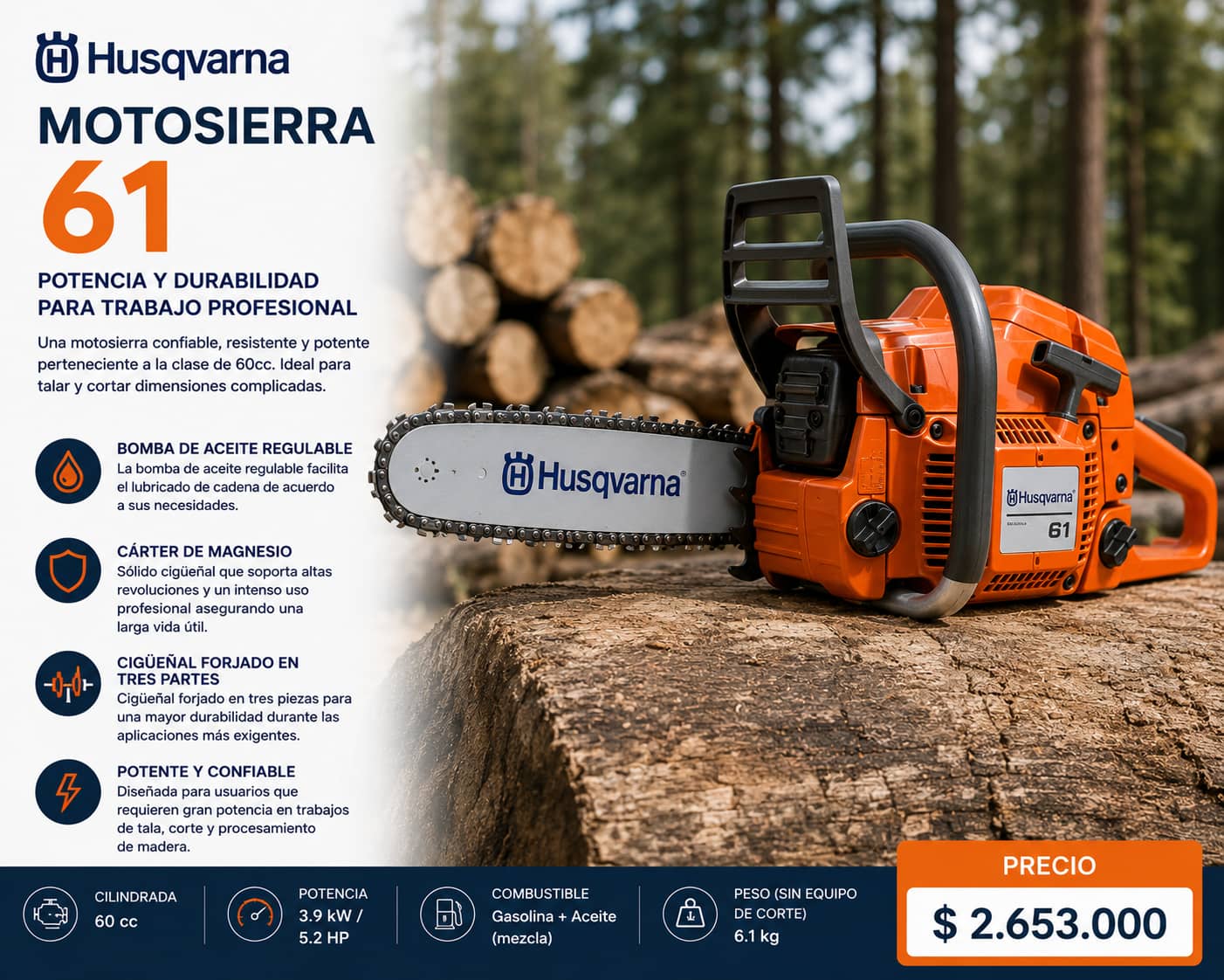 Motosierra Husqvarna 61 de 60 cc – Potencia y durabilidad para tala