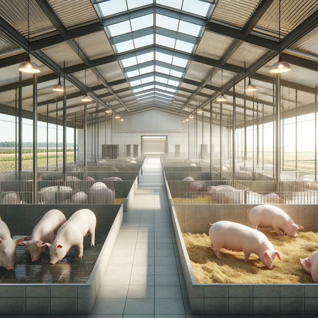DALL·E 2024-05-20 18.39.58 - Photorealistic image of modern pigsties, designed for optimal pig care. The scene should depict spacious, clean, and well-ventilated pigsties with amp.webp
