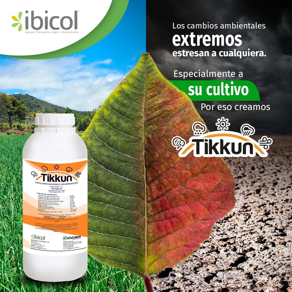 Fertilizante para manejo de estrés en plantas Tikkun x 1 lt
