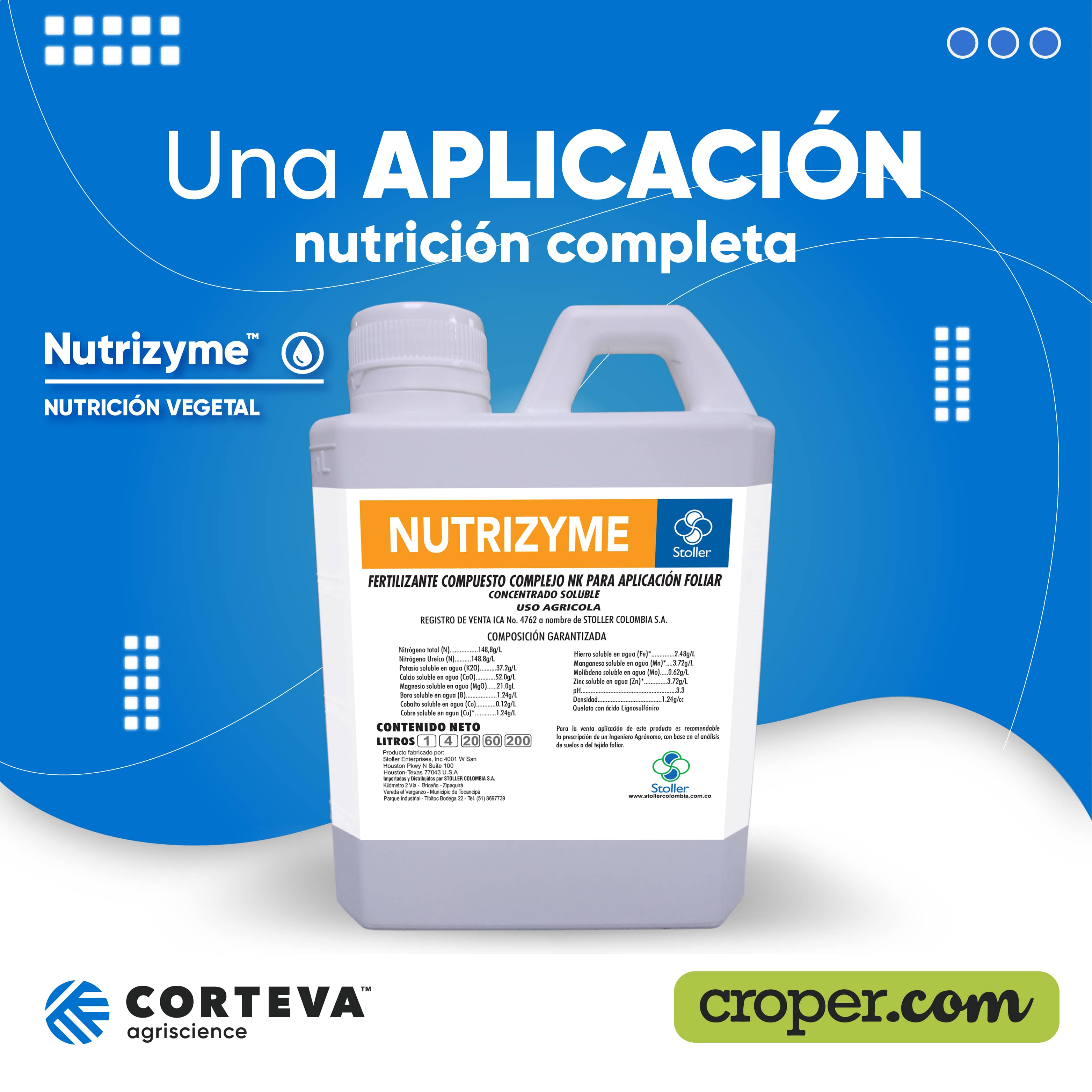 Fertilizante foliar Nutrizyme 1 L con N, K, Ca, Mg y micronutrientes quelatados
