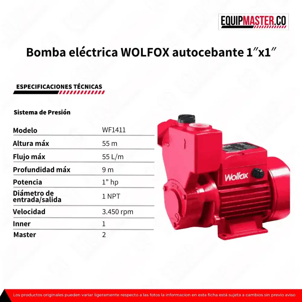 Bomba eléctrica WOLFOX autocebante 1hp 1x1"