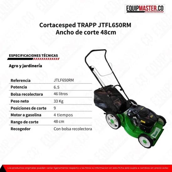 Trapp Cortacesped con Bolsa Recolectora y Motor a Gasolina de 6,5 HP  JTLF650RM - Durespo