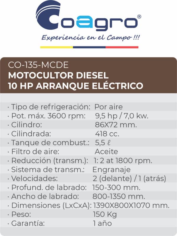 Motocultor Diesel 10HP con Arranque Eléctrico