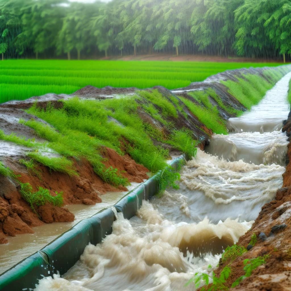 DALL·E 2024-05-17 17.32.44 - A realistic and professional image depicting the construction of water collection channels during a rainstorm, showing deep channels full of rushing w.webp