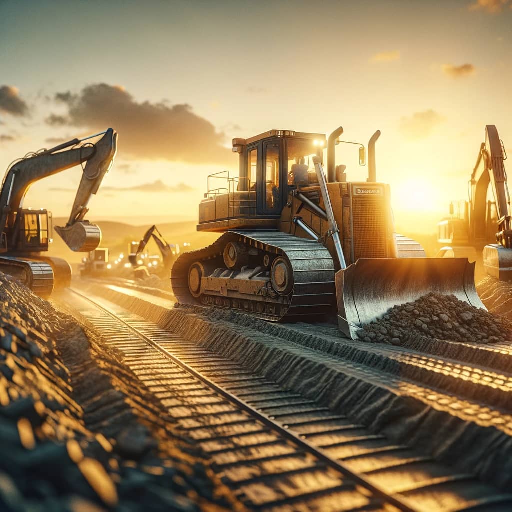DALL·E 2024-05-20 15.26.51 - Photorealistic image depicting the construction of a rural access road at sunset. The scene should feature heavy machinery, like bulldozers and excava.webp