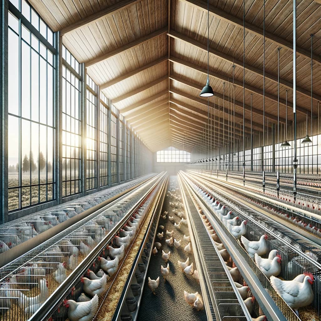 DALL·E 2024-05-20 18.38.30 - Photorealistic image of modern poultry barns, also known as galpones, designed specifically for chickens. The scene should depict large, well-ventilat.webp