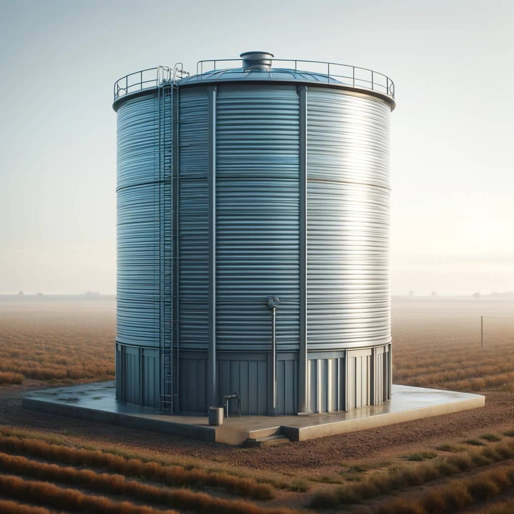 DALL·E 2024-05-17 17.40.58 - A realistic professional image showing a large single water storage tank similar to the provided example, located in a rural setting. The tank should .webp