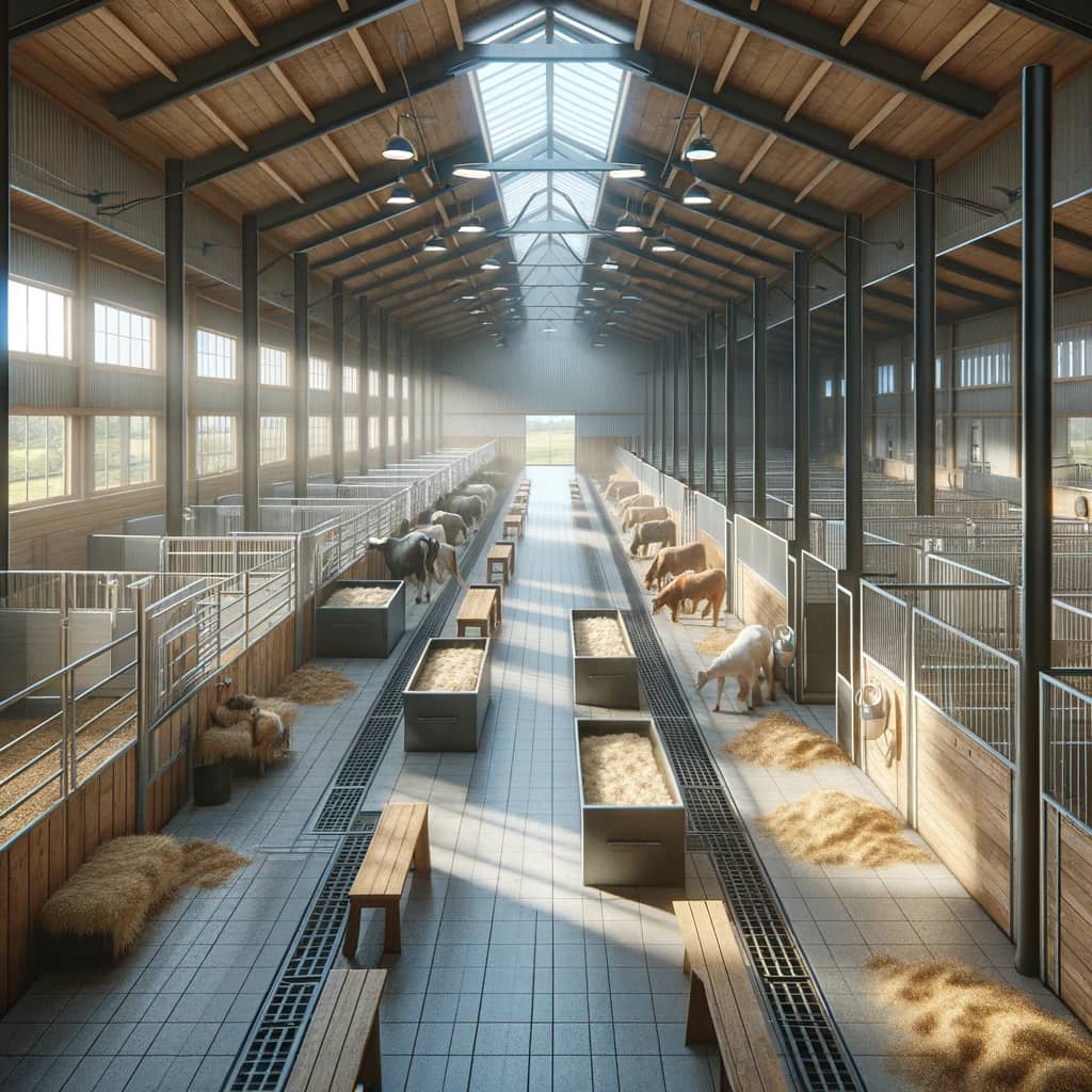 DALL·E 2024-05-20 15.18.06 - Photorealistic image depicting modern animal care facilities in a rural setting. The scene shows a well-organized barn or stable with clean, spacious .webp