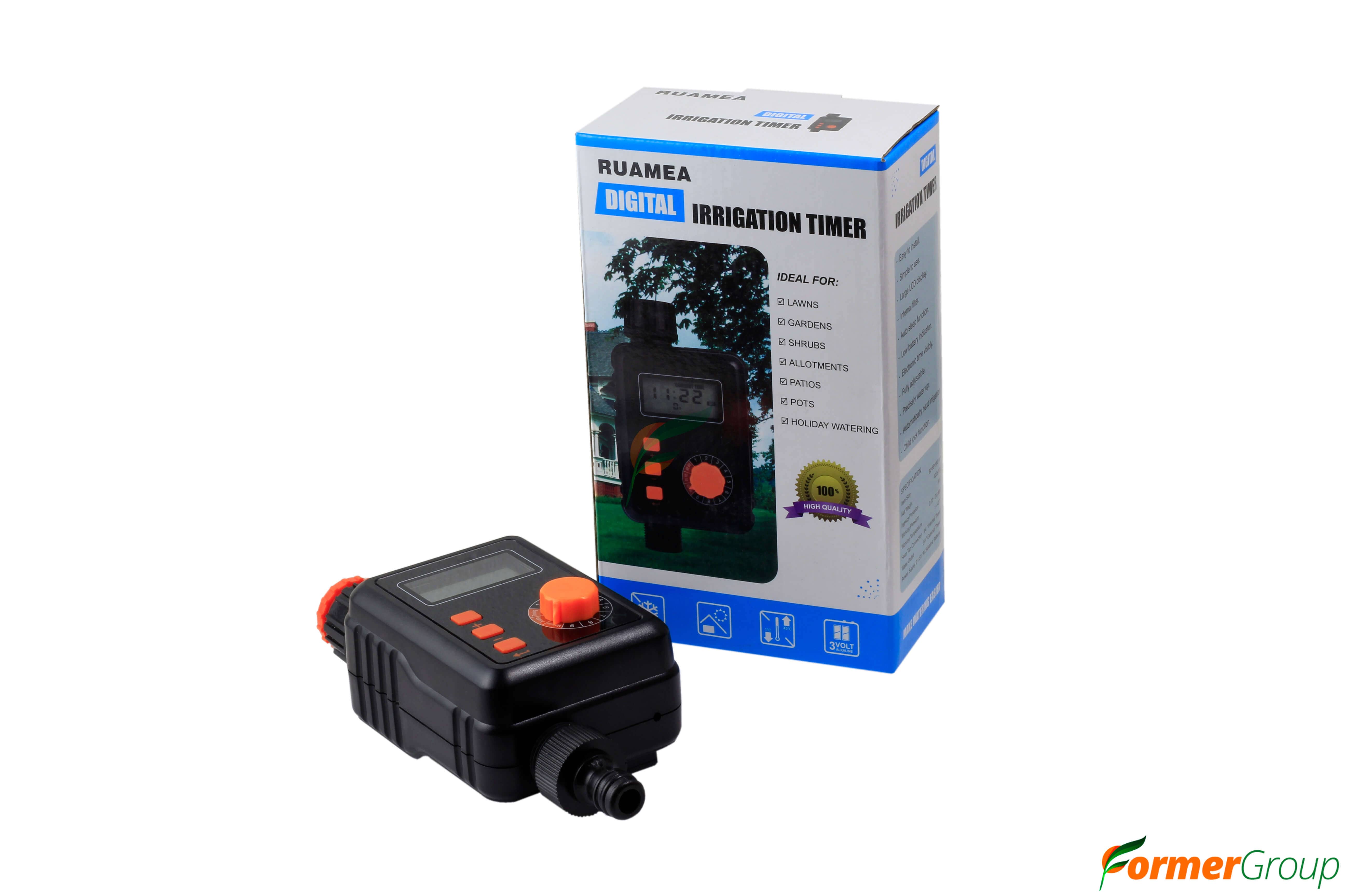 Temporizador controlador de riego programable para jardines y cultivos. Ahorra agua, fácil de instalar y compatible con sistemas de riego automático.