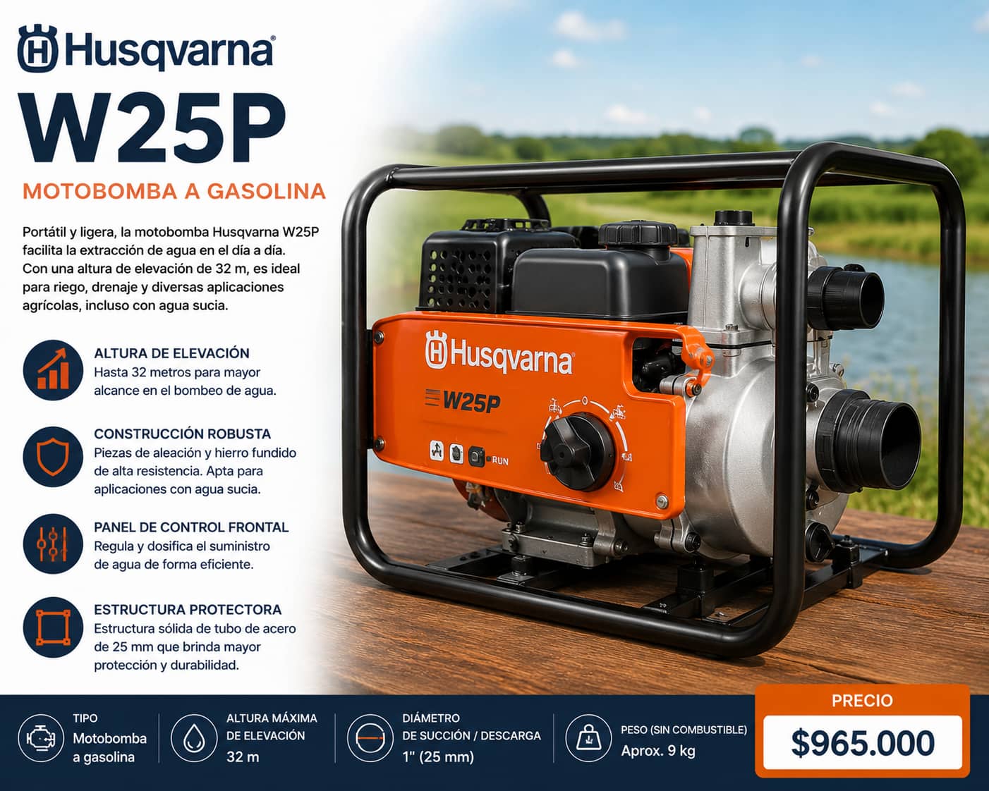 Motobomba Husqvarna W25P | Bomba de Agua Portátil para Riego