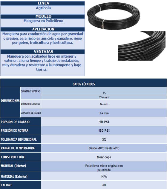 Manguera Polietileno Cal 40 x  1/2"   x 100m