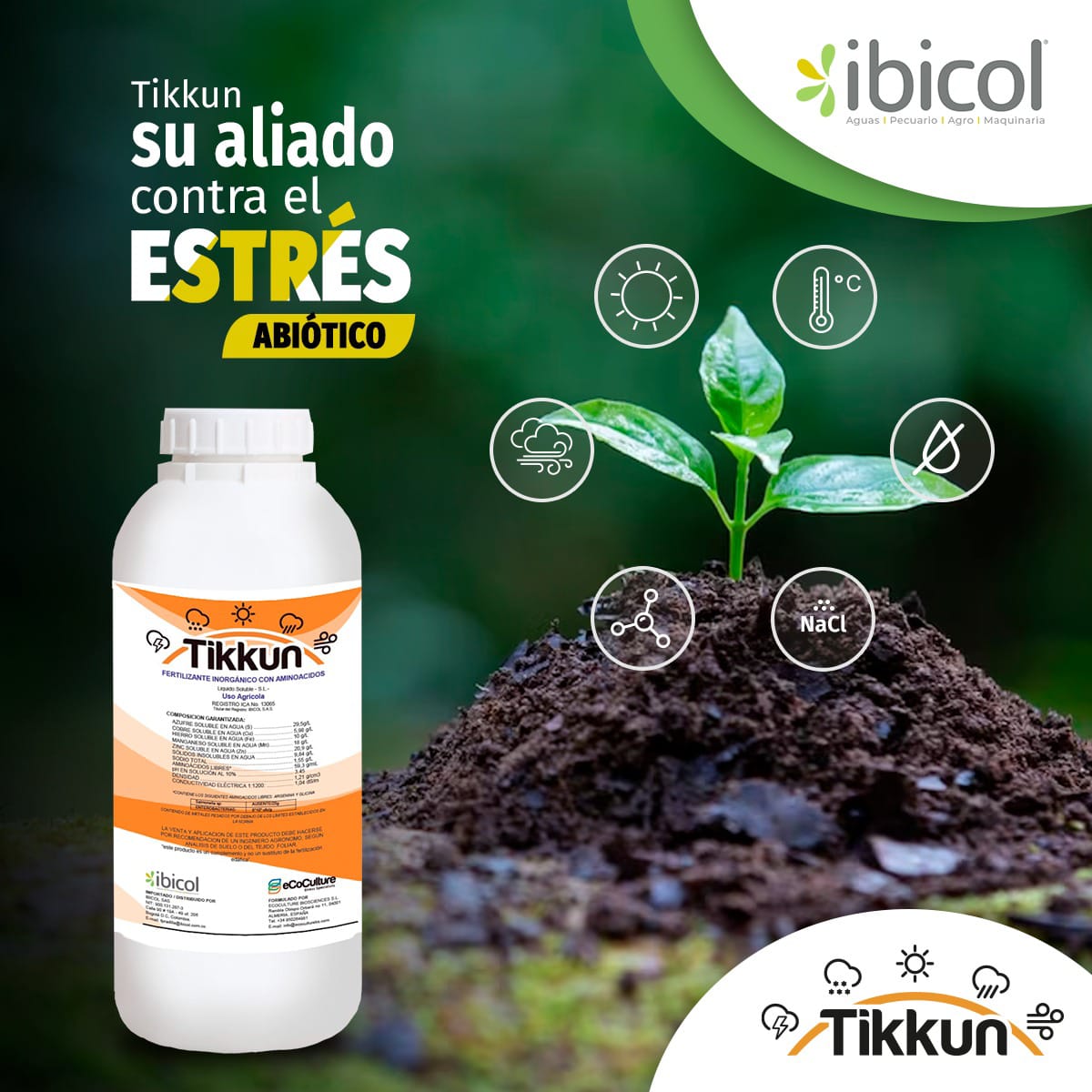 Fertilizante para manejo de estrés en plantas Tikkun x 250CC