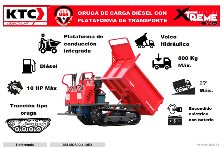 Oruga de Carga Diésel 800 Kg con Volco Hidráulico – KTC Group