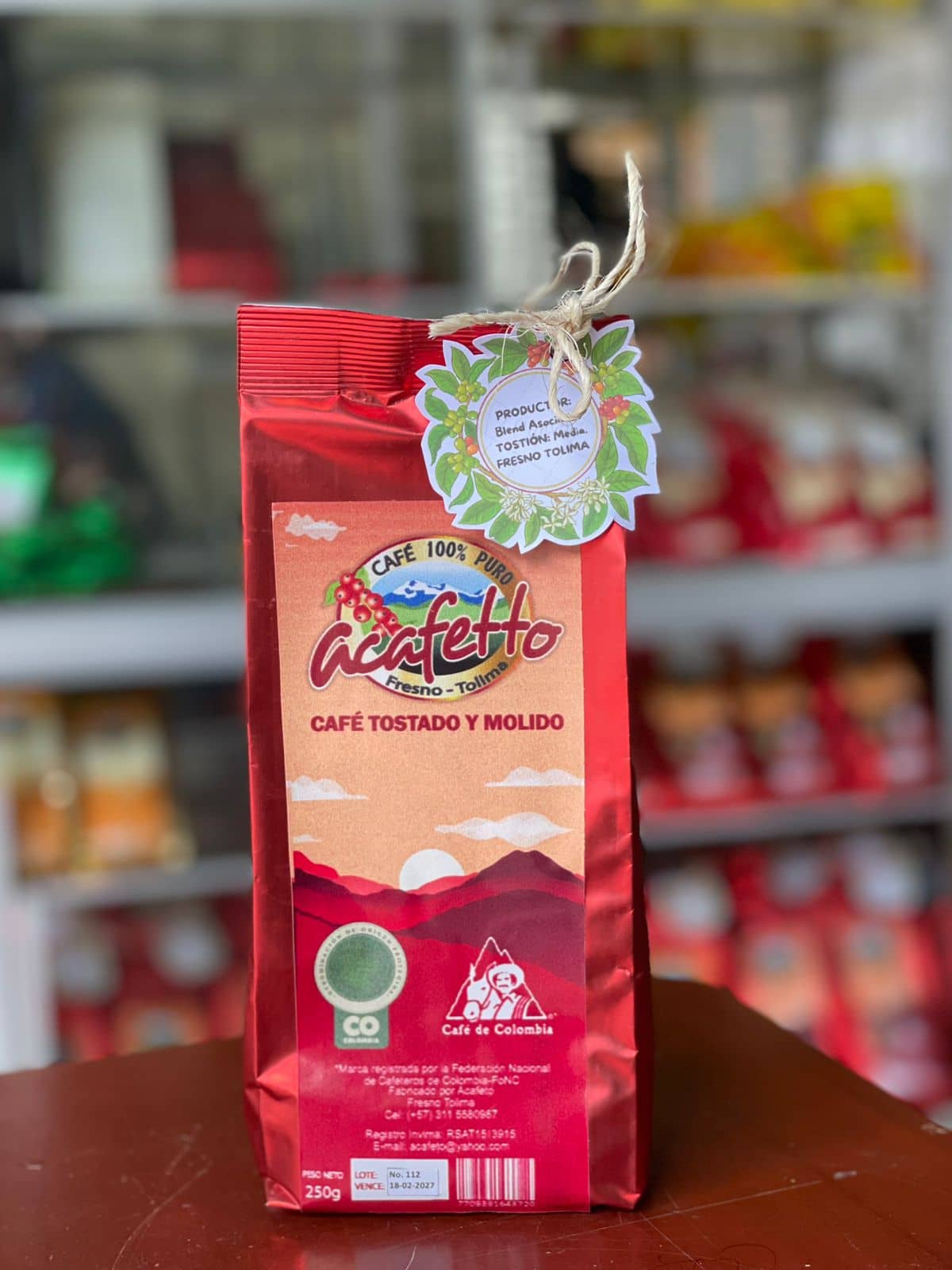 Café tostado y molido artesanal 250 g | Café 100 % colombiano de Fresno Tolima – ACAFETO