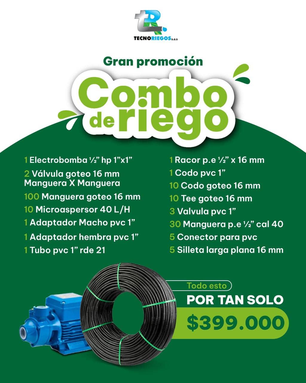 Combo de Riego Agrícola con Electrobomba 1/2 HP + Accesorios