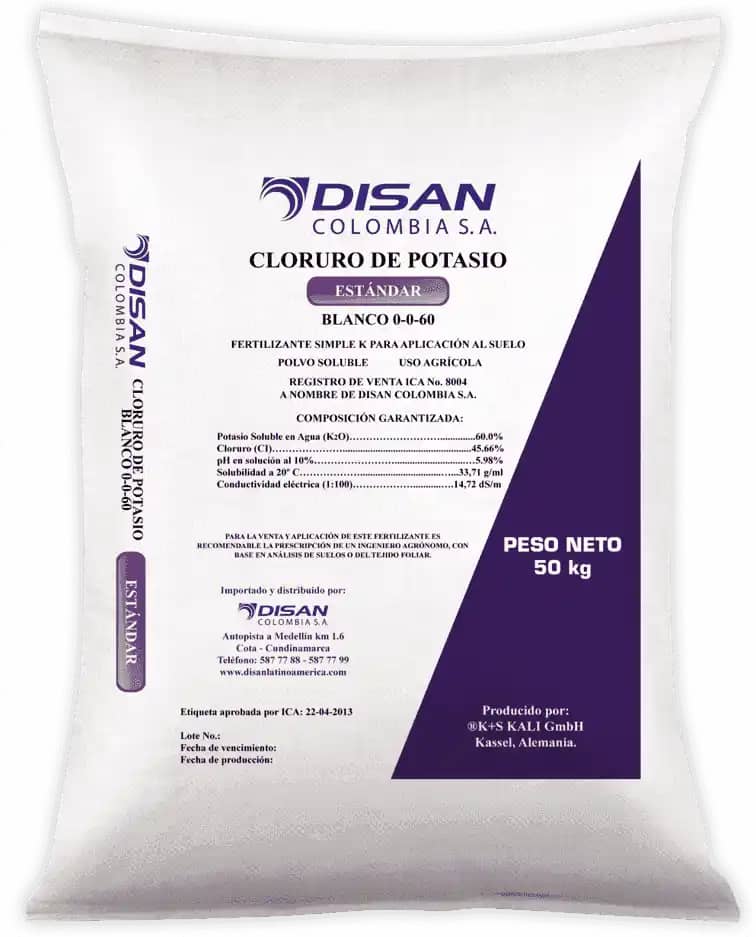 Fertilizantes de Cloruro De Potasio Estándar Blanco 0-0-60 50 Kg