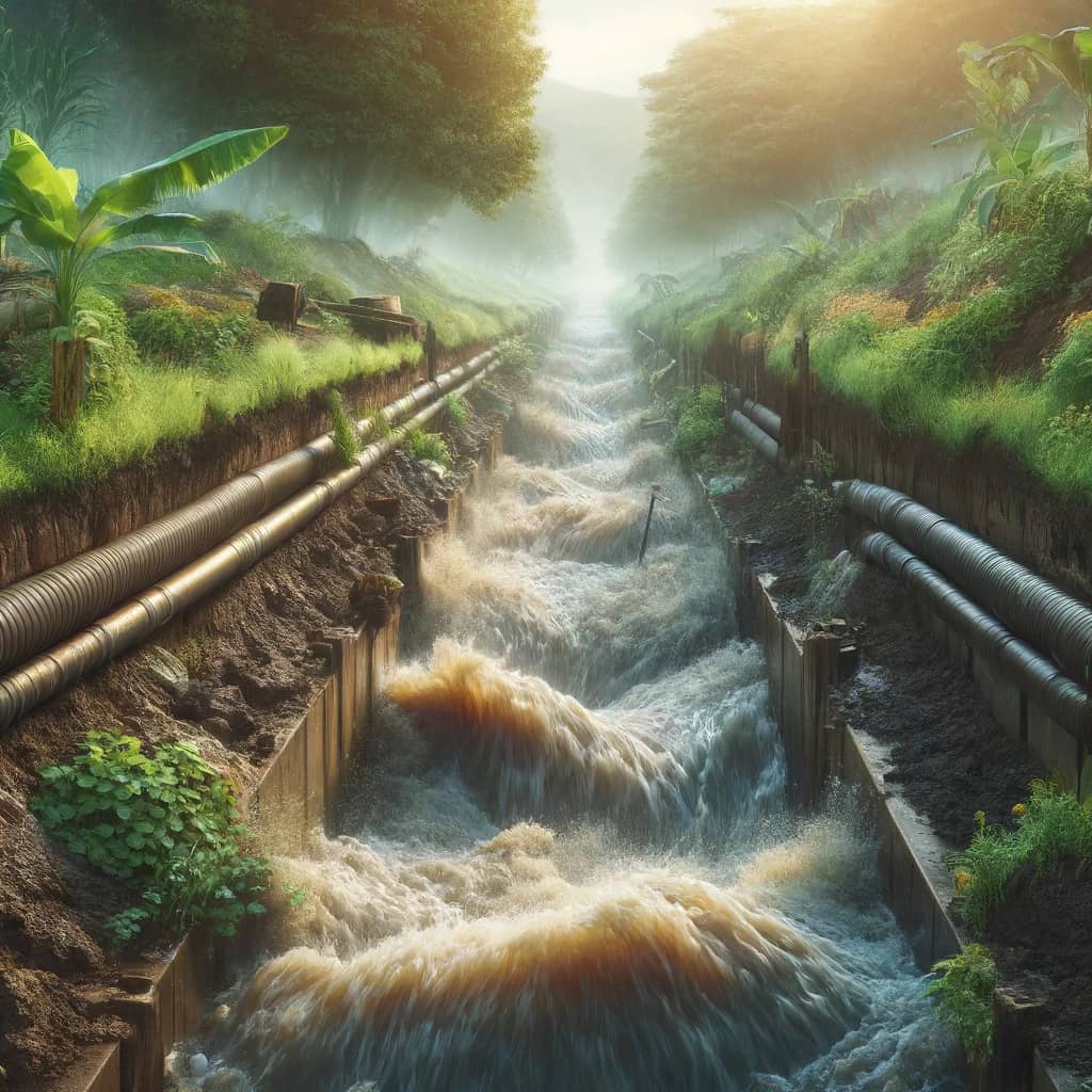 DALL·E 2024-05-17 17.35.07 - A realistic professional image depicting the construction of water collection channels during a rainstorm, showing deep channels full of rushing water.webp
