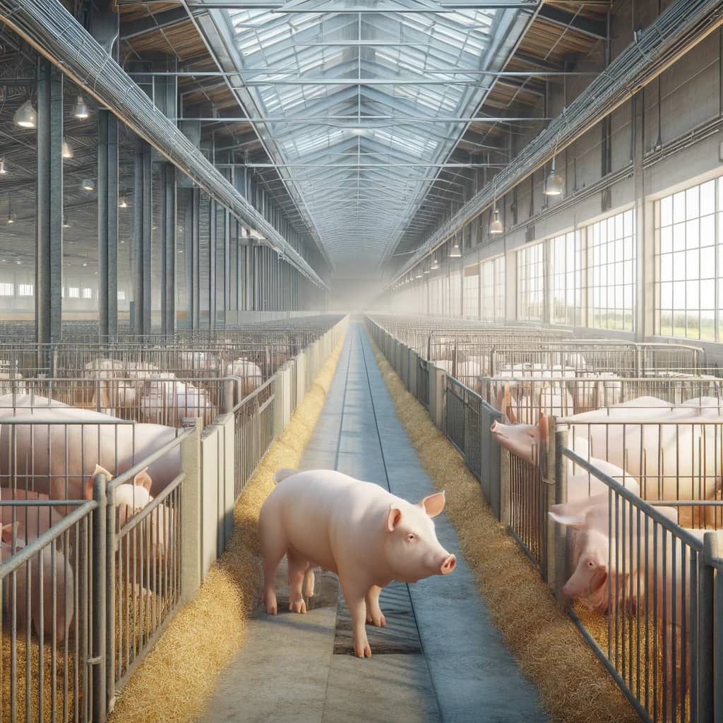 DALL·E 2024-05-20 18.39.07 - Photorealistic image of modern pig pens, designed specifically for swine housing. The scene should depict large, well-ventilated pig pens with ample s.webp