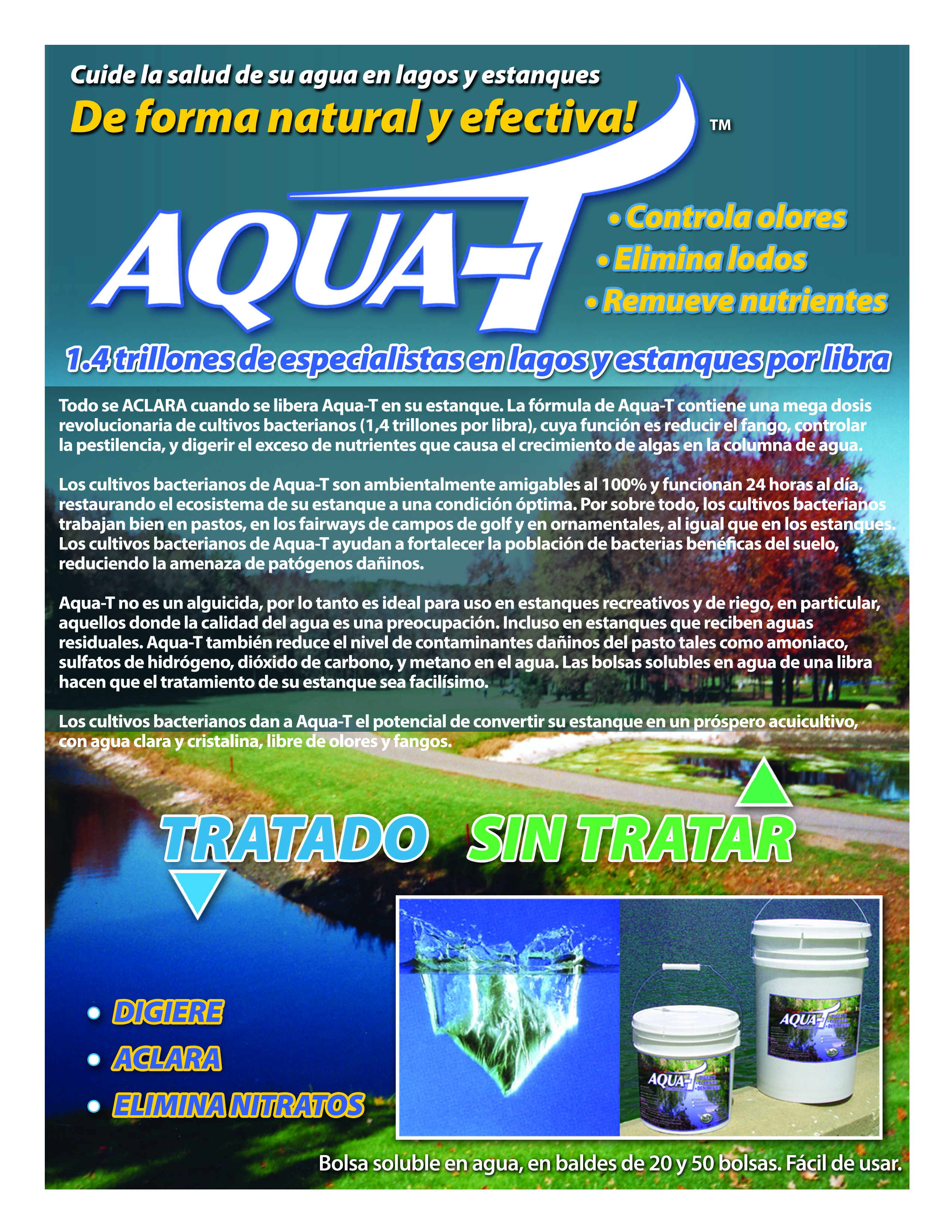 Aqua-T, Tratamiento biológico para estanques, lagos y lagunas. Balde x 10 Libras (20 bolsas)