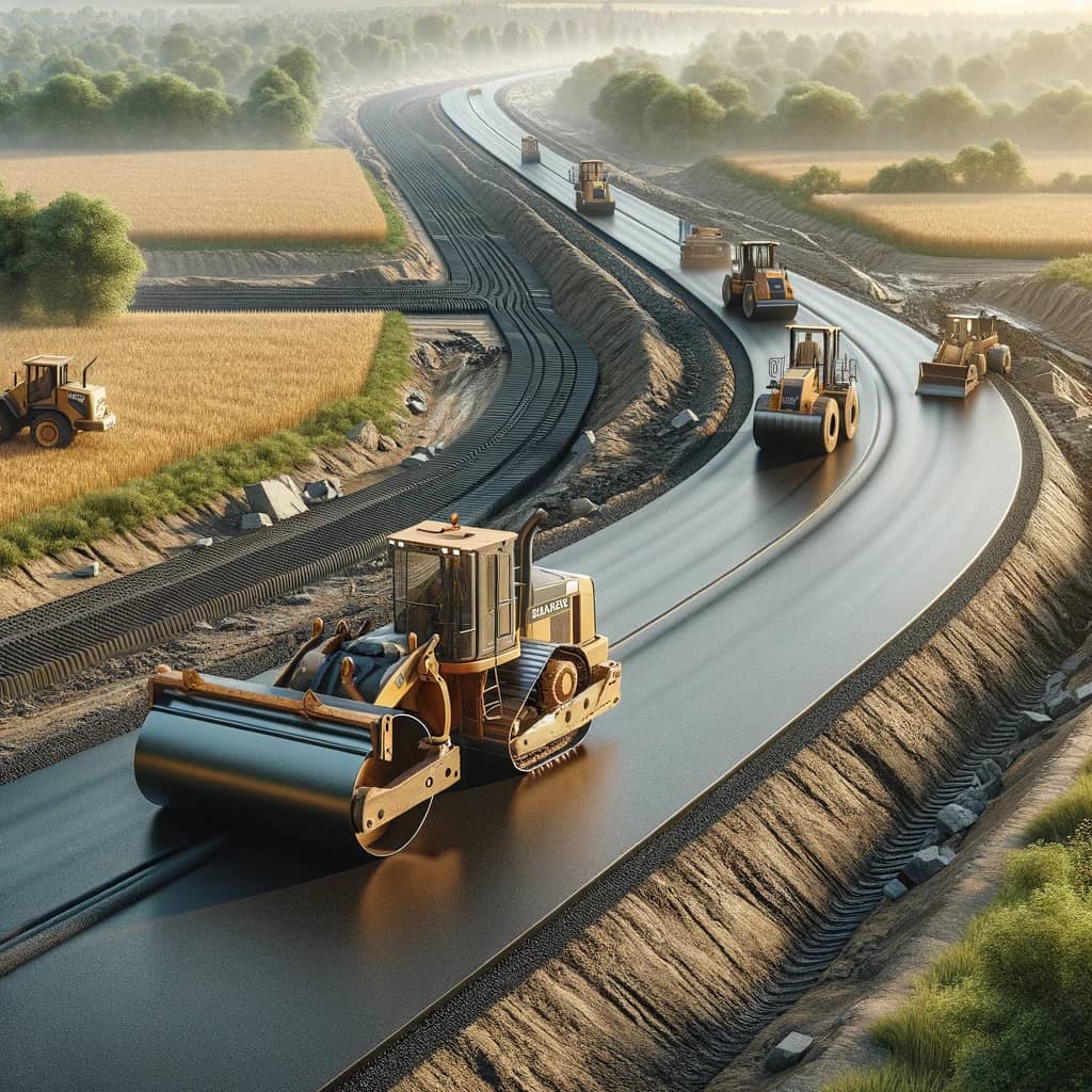 DALL·E 2024-05-20 15.22.32 - Photorealistic image of a newly constructed rural access road with heavy machinery in action. The scene should show a road cutting through a rural lan.webp