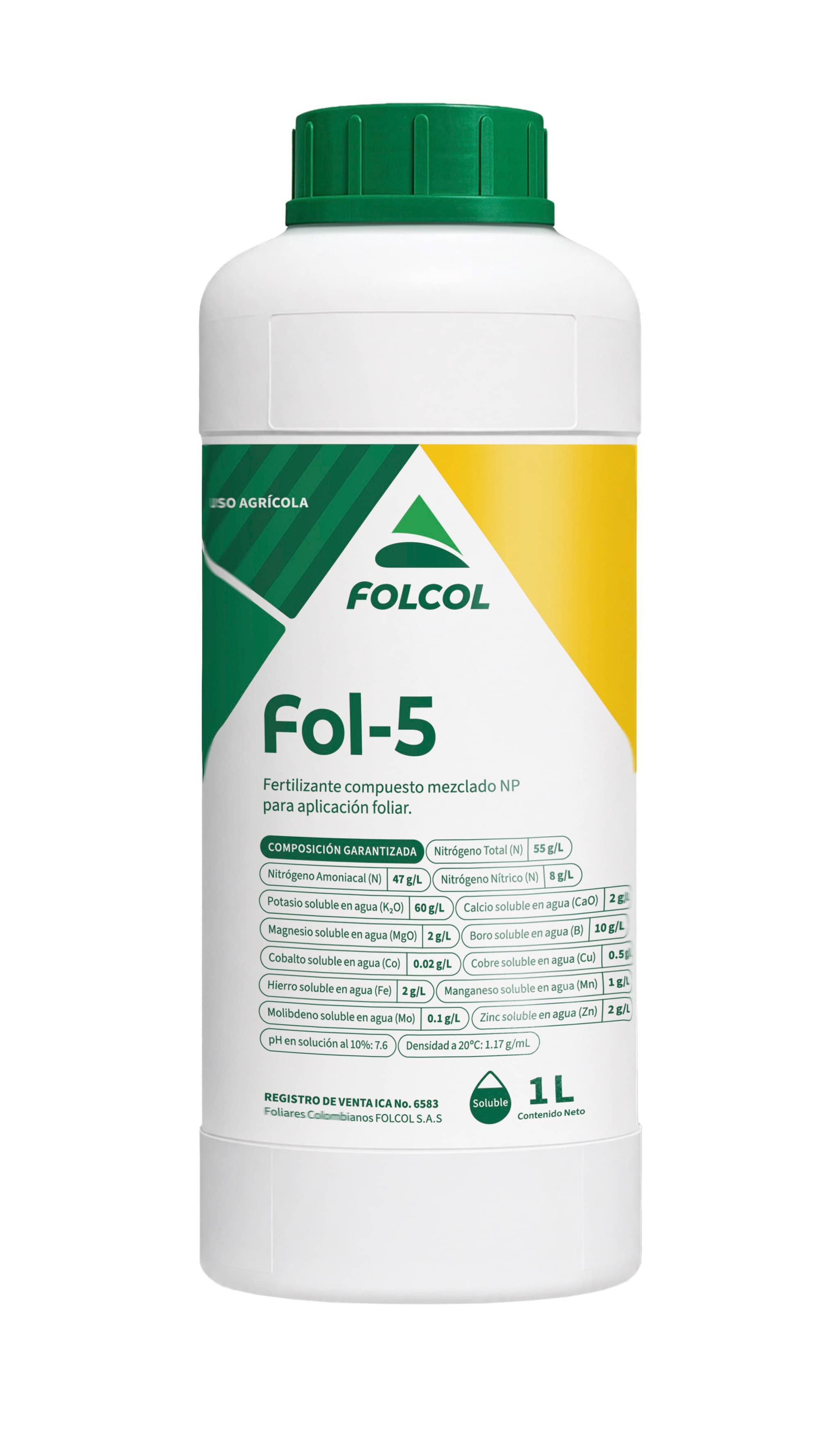 Fertilizante foliar Fol-5 bioestimulante con nitrógeno, potasio y algas